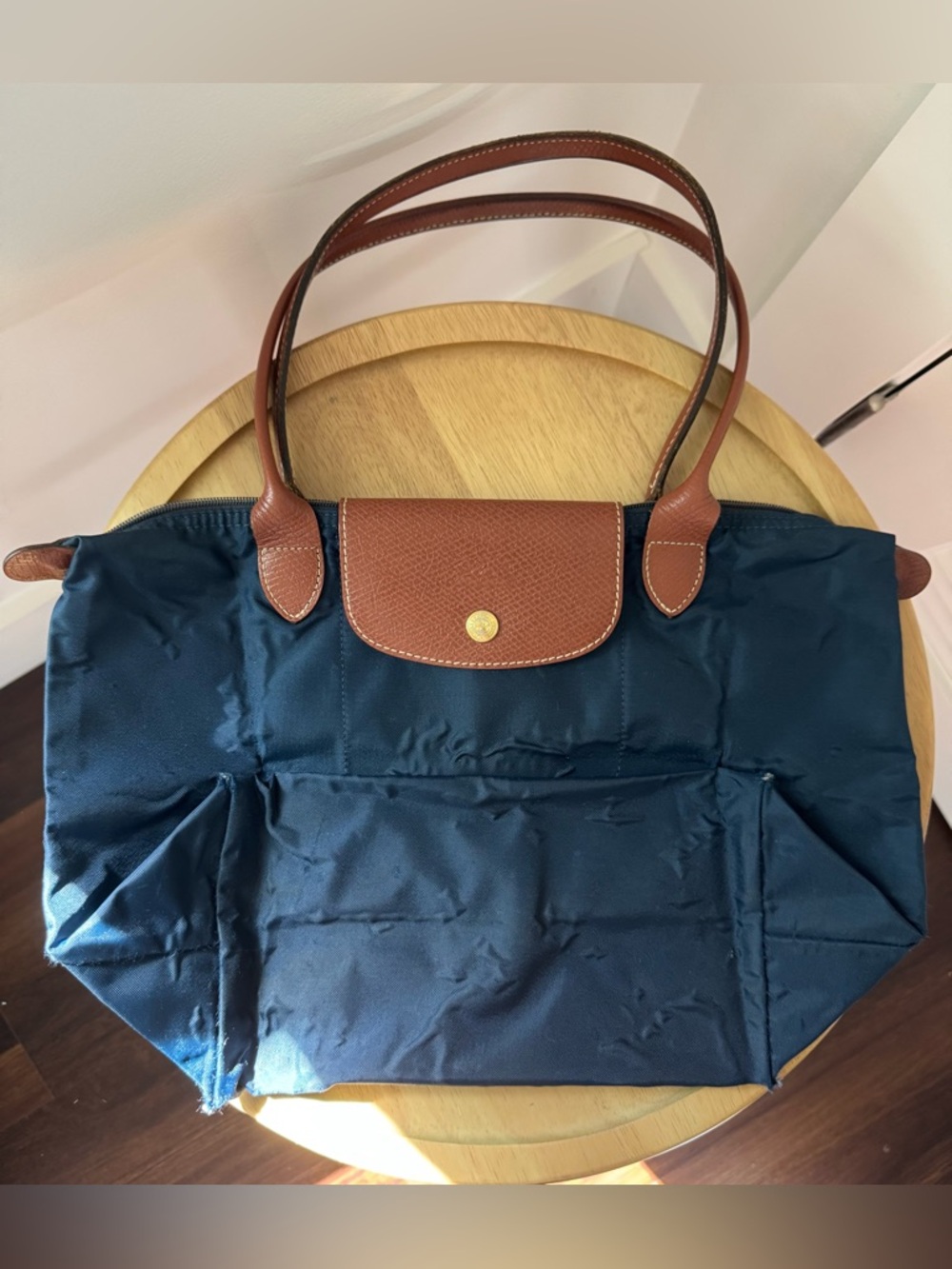 Small Navy Longchamp Le Pliage Top Handle Handbag
